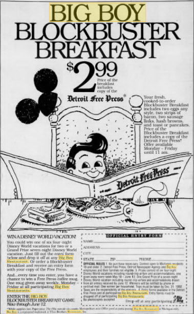 Big Boy Restaurants (Elias Brothers, Elias Bros) - May 1992 Full Page Ad For Breakfast (newer photo)